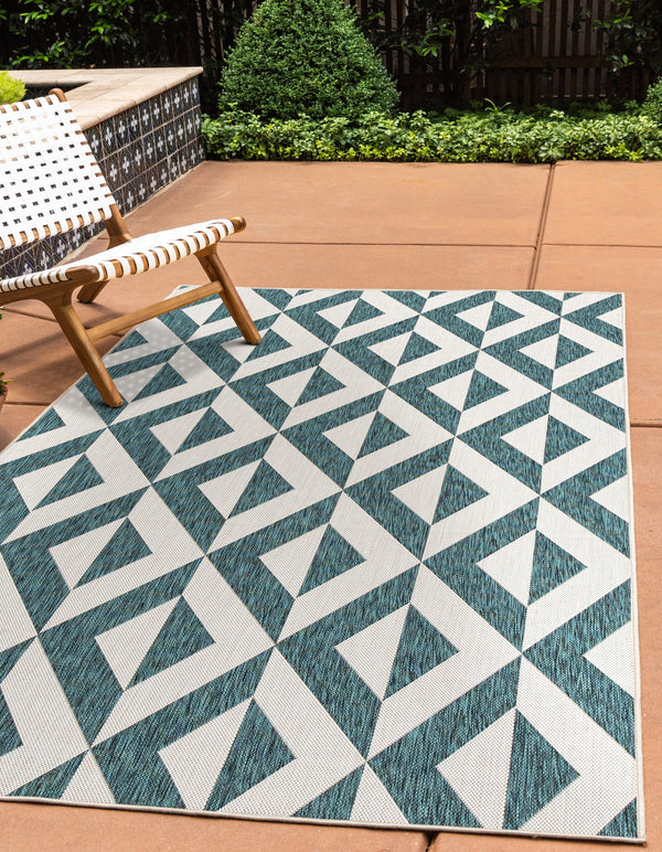 napa teal geometrical outdoor rug
